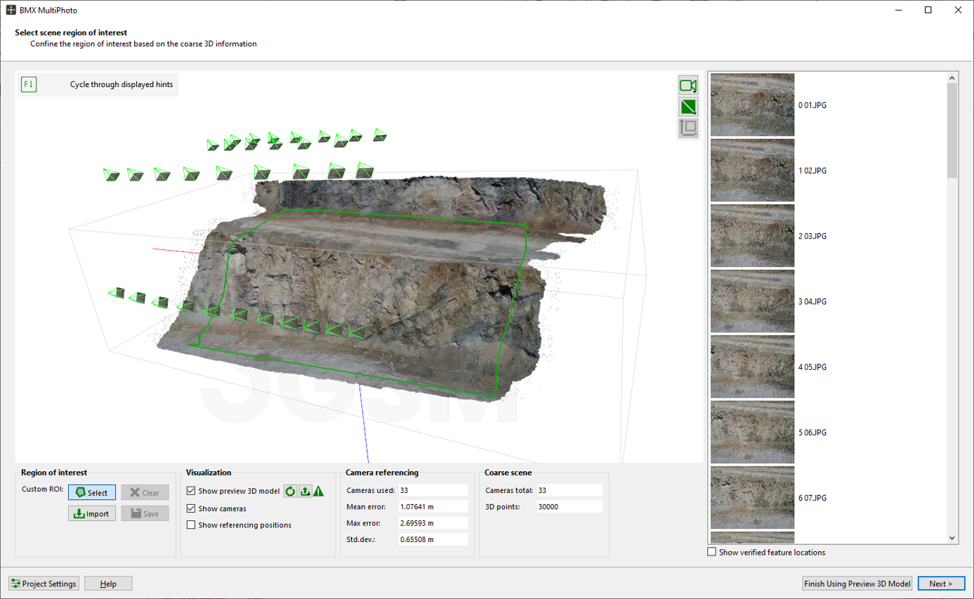 coarse reconstruction - select region of interest
