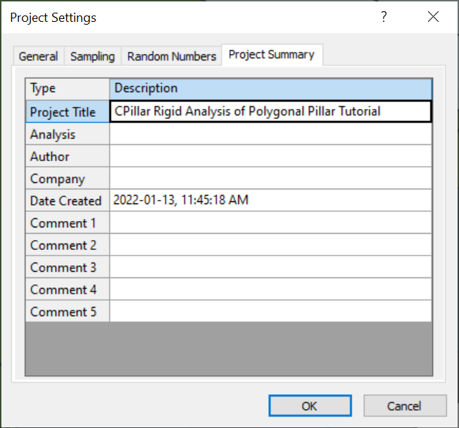 Project Settings - Project Summary tab