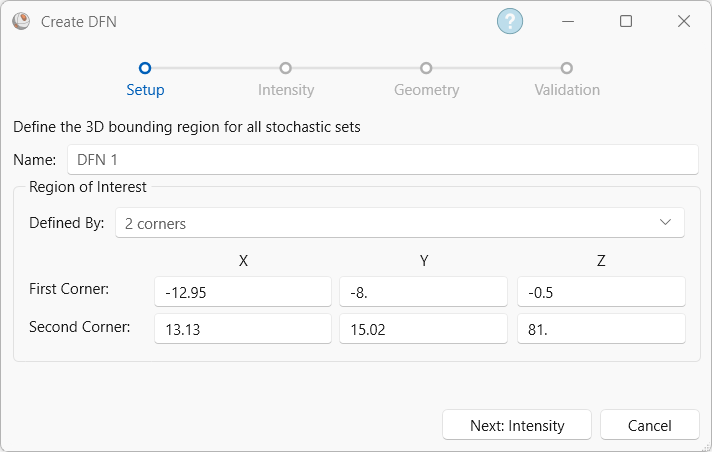 Baecher DFN Wizard dialog - Setup view