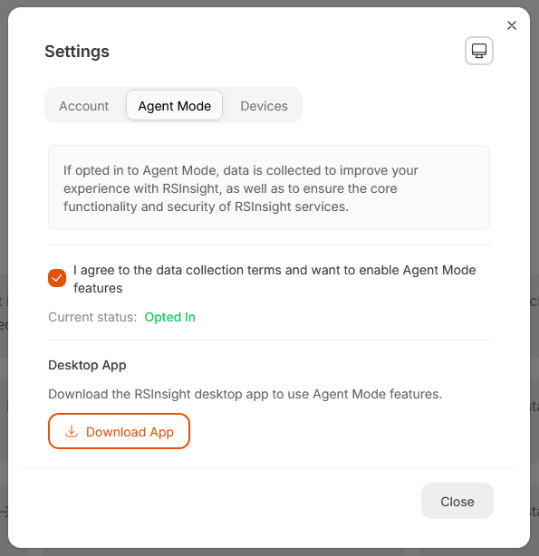RSInsight Settings - Agent Mode tab