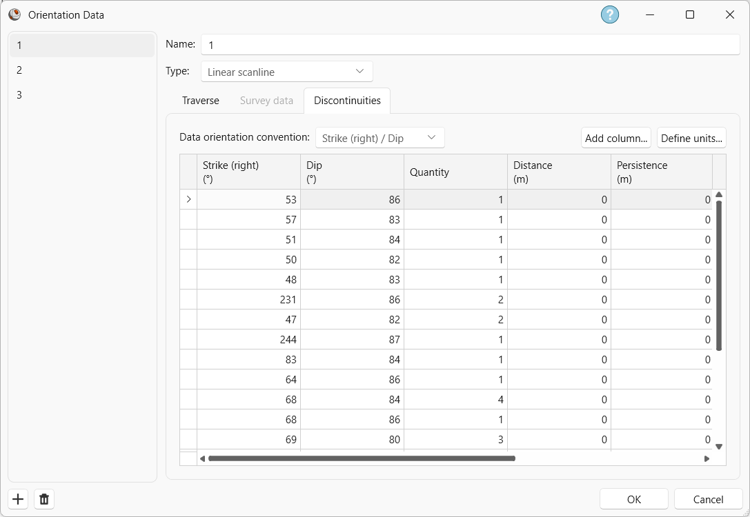 Dataset 1 Discontinuities tab in the Orientation Data dialog