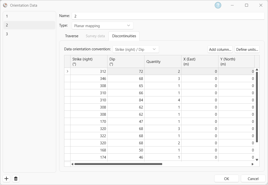 Dataset 2 Discontinuities tab in the Orientation Data dialog