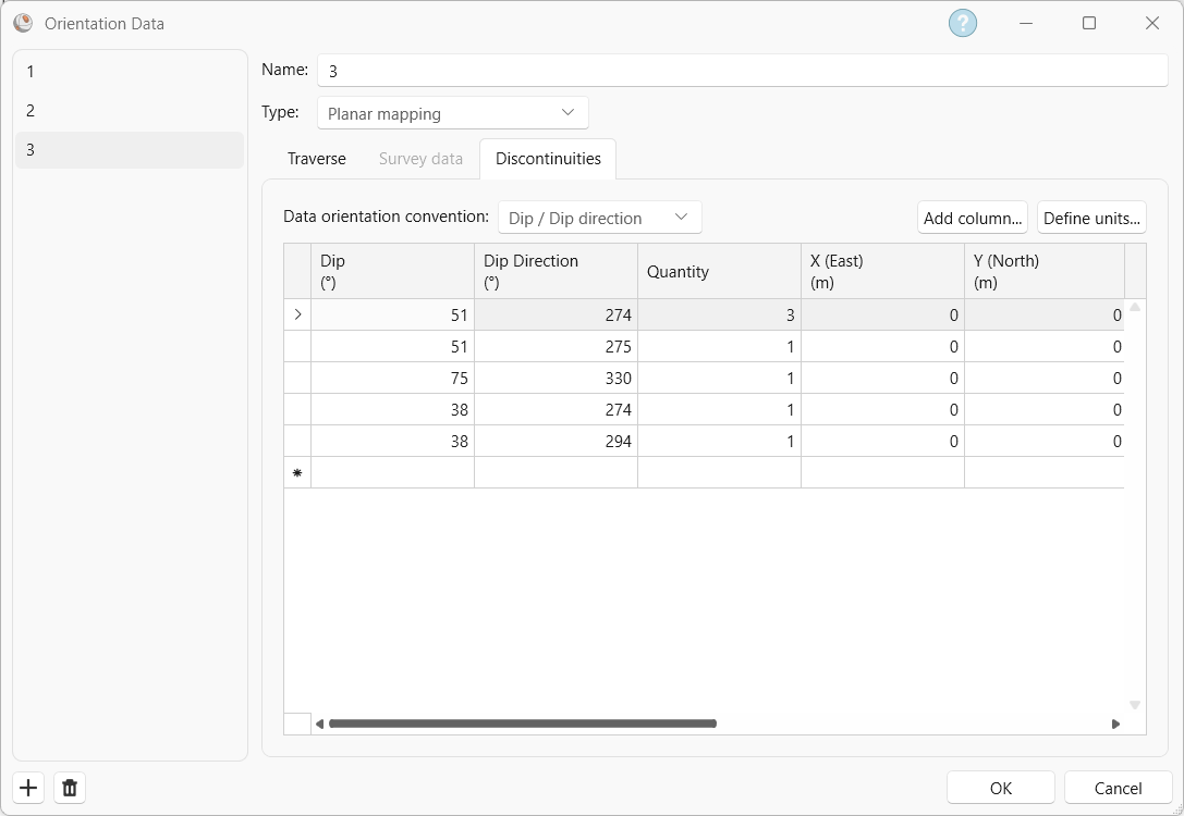 Dataset 3 Discontinuities tab in the Orientation Data dialog
