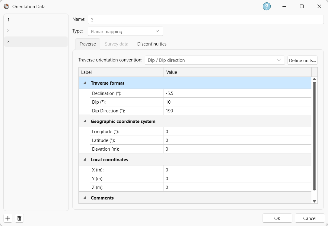 Dataset 3 Traverse tab in the Orientation Data dialog