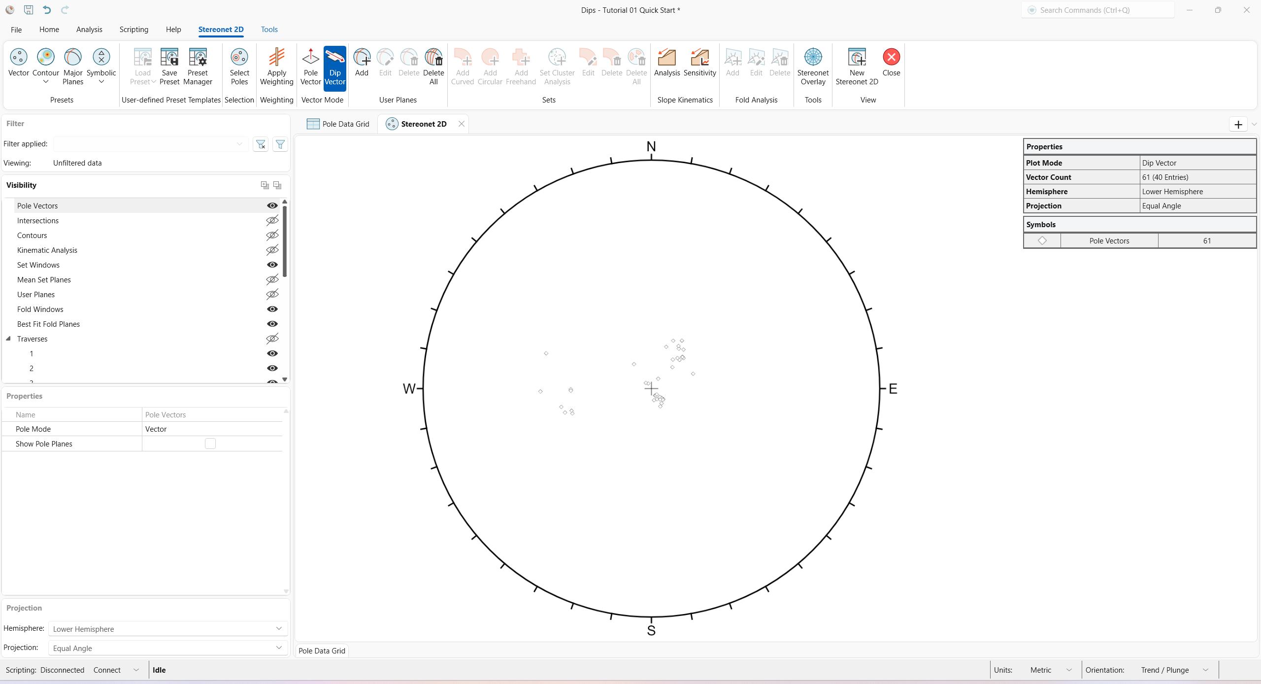 Stereonet 2D view showing the Vector preset in Dip Vector Mode