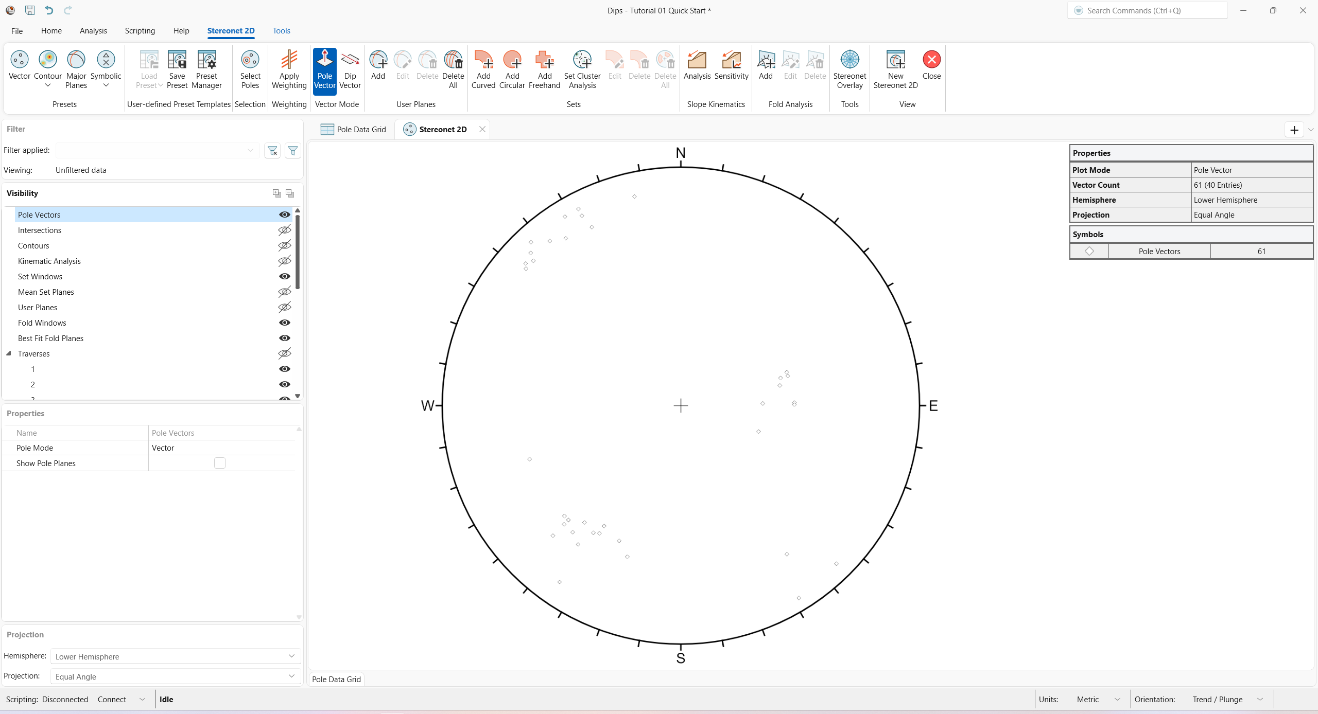 Stereonet 2D view showing the Vector preset in Pole Vector Mode