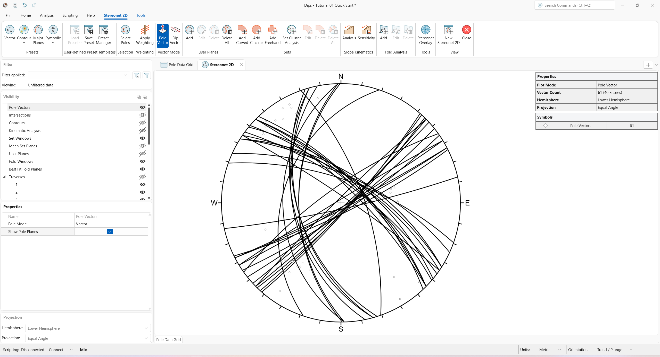 Stereonet 2D view showing the Vector preset in Pole Vector Mode with Pole Data Grid Planes