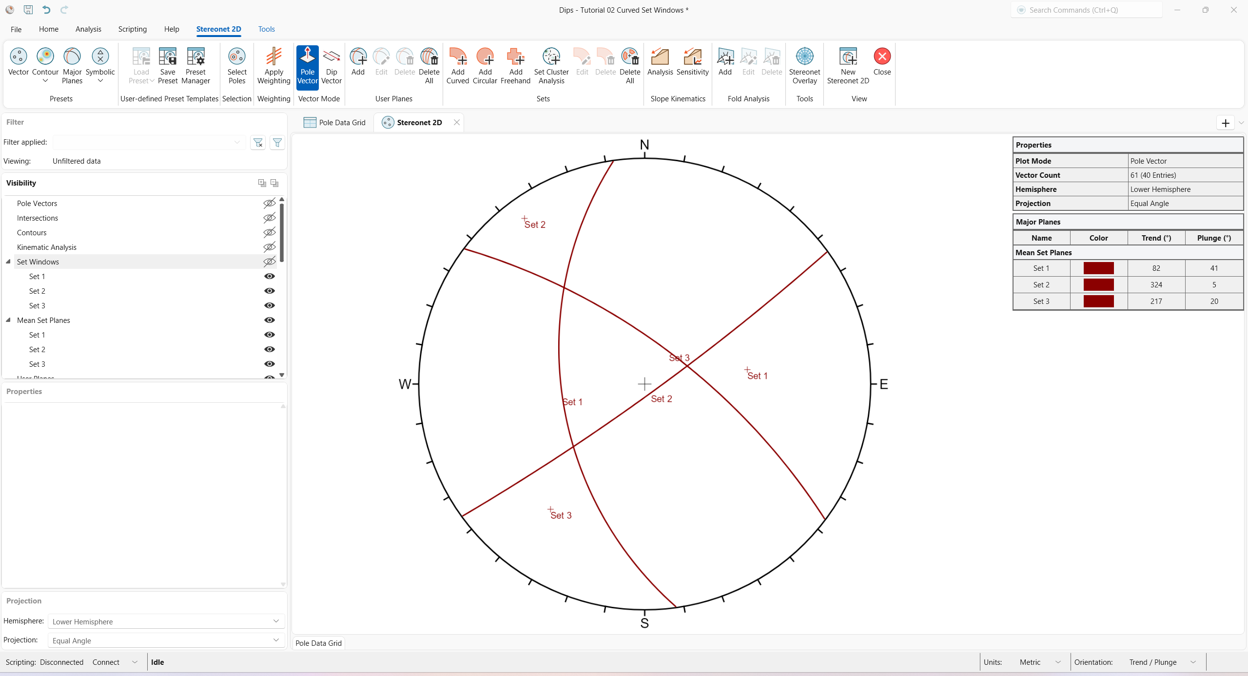Stereonet 2D view with Major Planes preset and Set Windows group visibility turned off