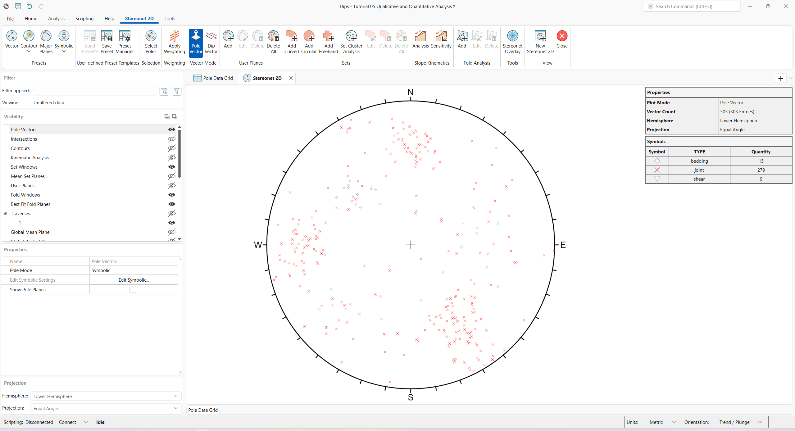 Stereonet 2D view showing Symbolic Pole Vectors of TYPE column