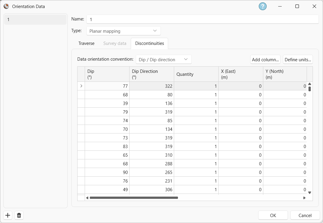 Dataset 1 Discontinuities tab in the Orientation Data dialog
