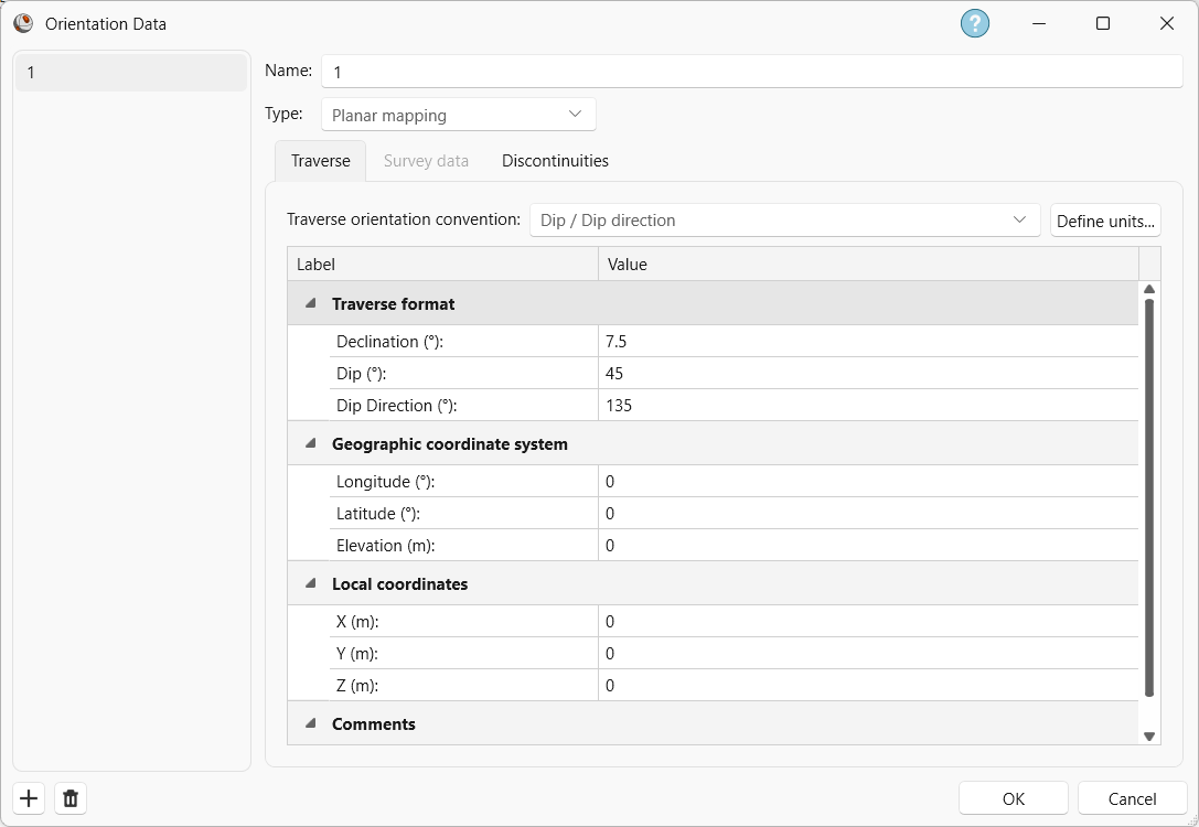 Dataset 1 Traverse tab in the Orientation Data dialog