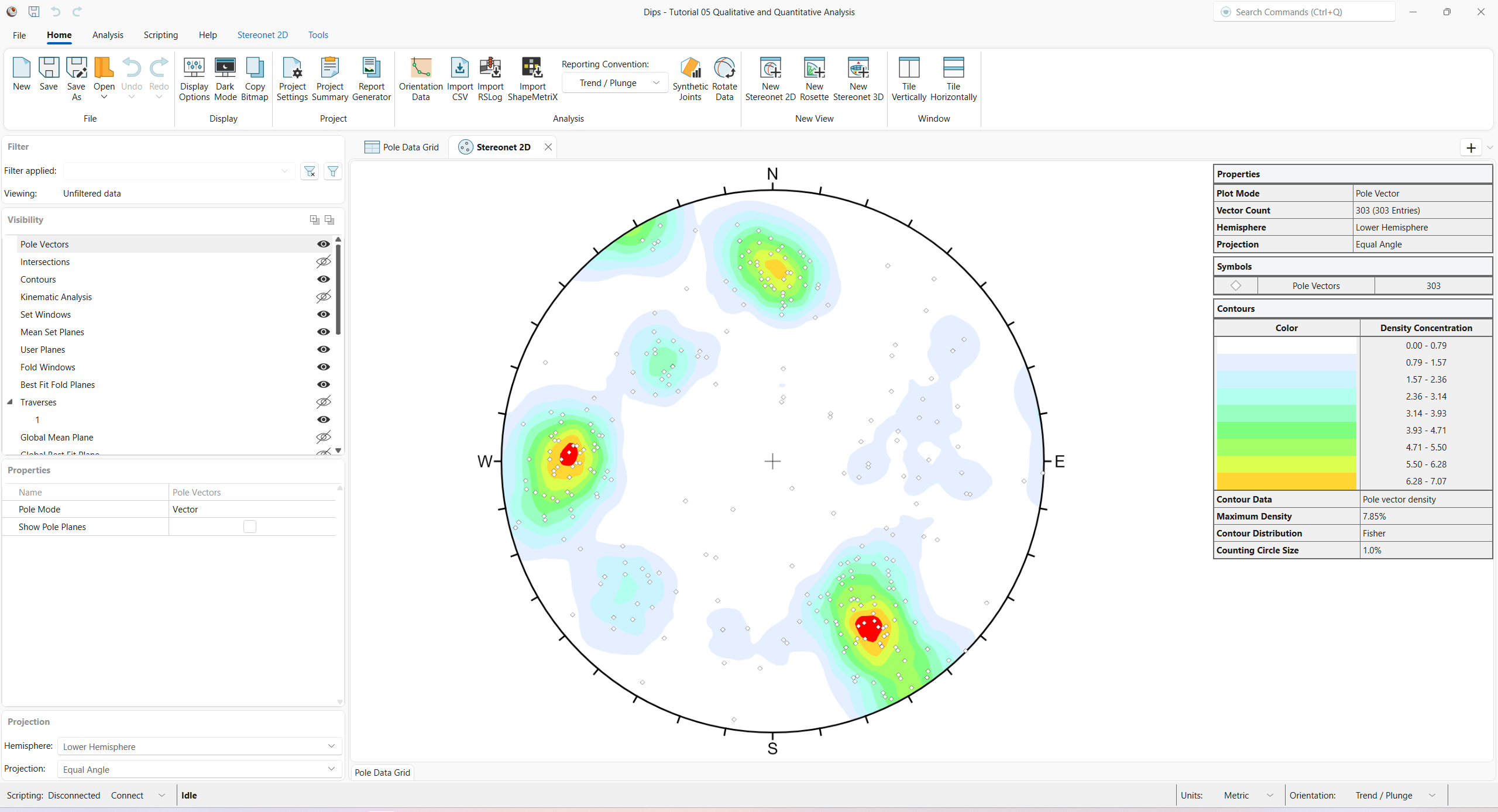 Stereonet 2D view showing Pole Vectors and Contours