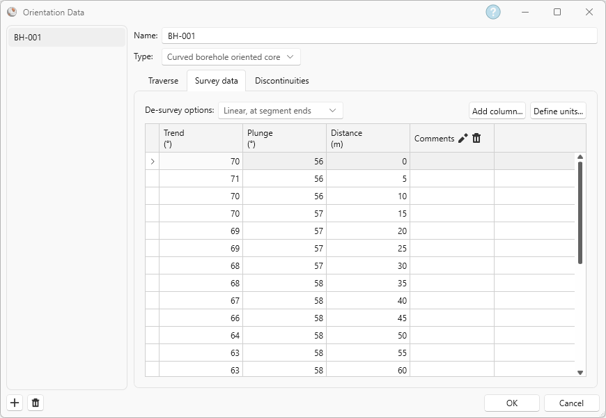 Dataset BH-001 Survey Data tab in the Orientation Data dialog