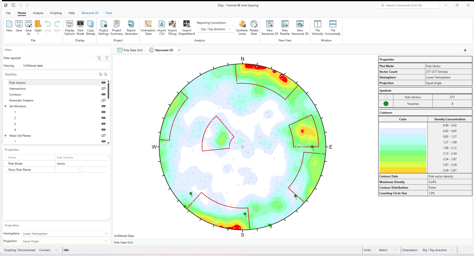 Stereonet 2D view showing Pole Vectors, Contours, Set Windows, and Traverses