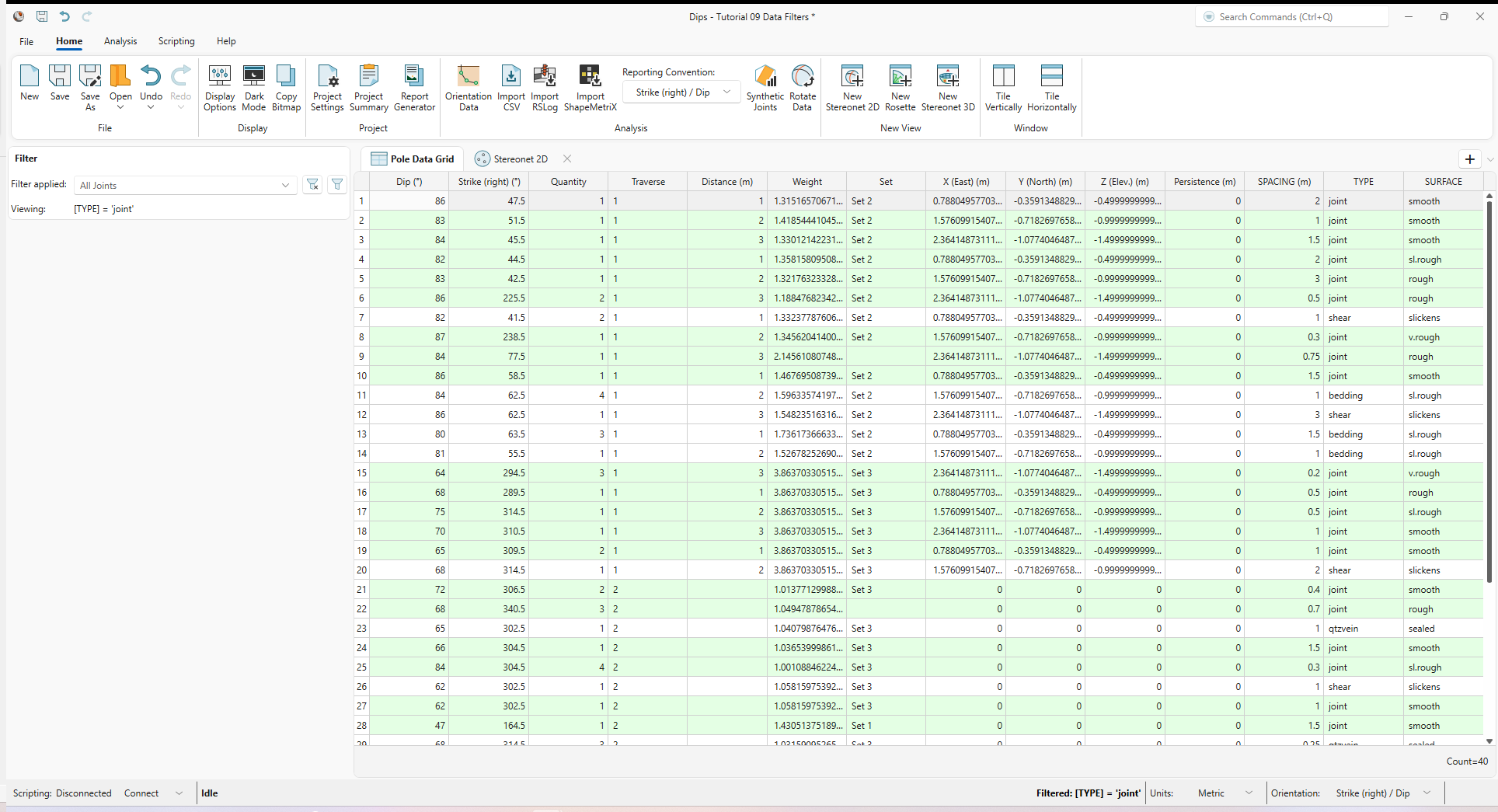Pole Data Grid view with “All Joints” filter applied