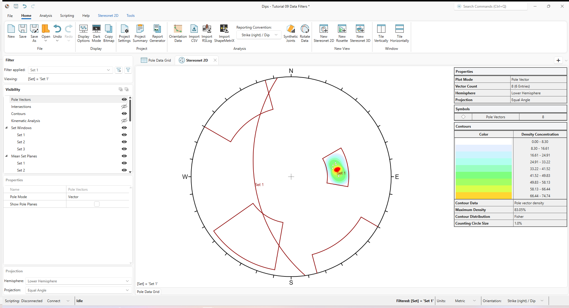 Stereonet 2D view showing “Set 1” filter applied