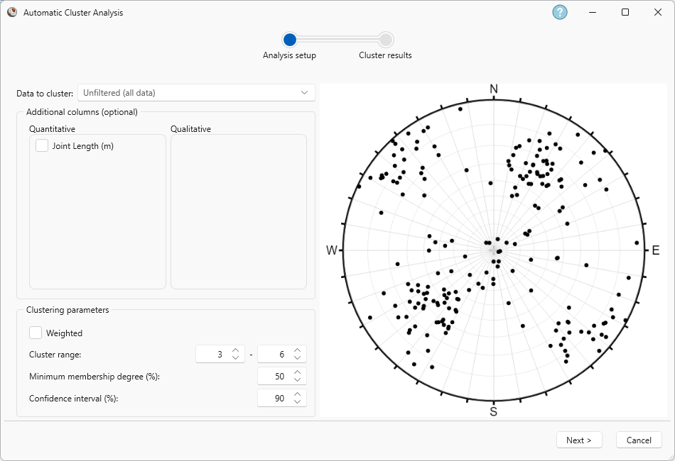 Automatic Cluster Analysis dialog