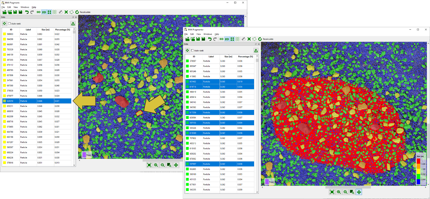 Selection of an individual fragment (left) and multiple fragments (right) in the 2D viewer and in the Data pane