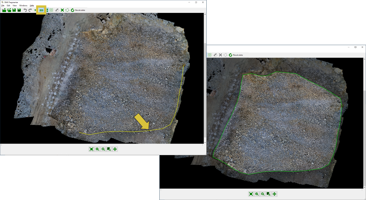 Left: Draw a polygon (yellow line) by using the computer mouse. Right: After conformation the analysis area is highlighted (green border) in the viewer.