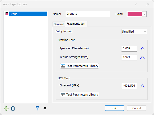 Fragmentation tab of Rock Type Library dialog