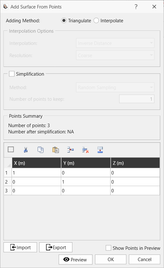 Add Surface From Points dialog
