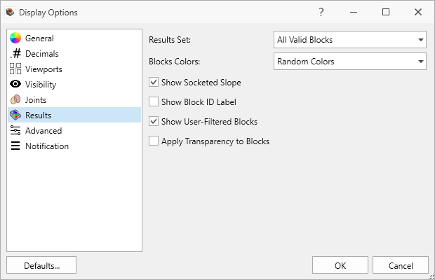 display options results tab