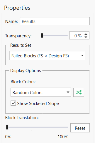 Properties pane options when Results node selected