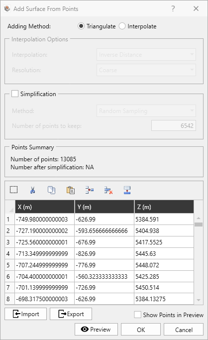 Add Surface From Points Dialog with Existing Points