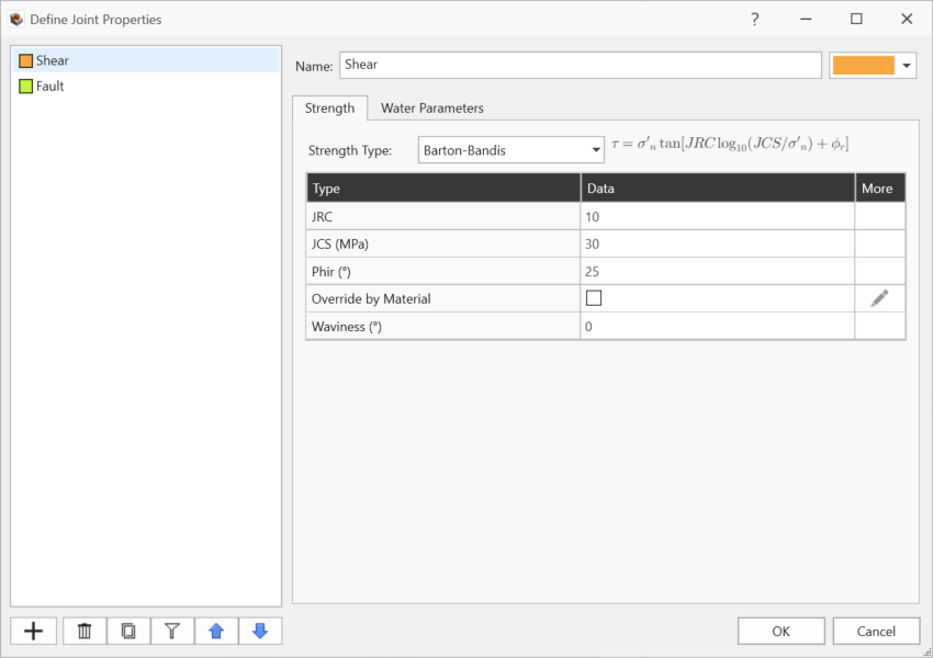 Define joint properties dialog