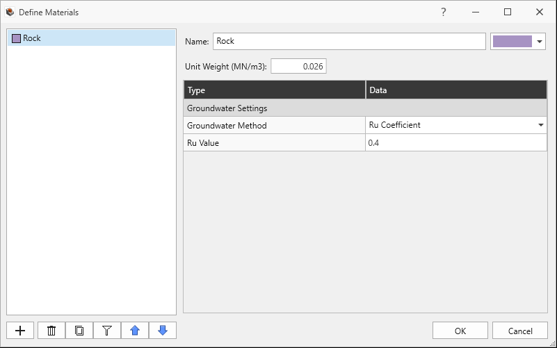 Define materials dialog