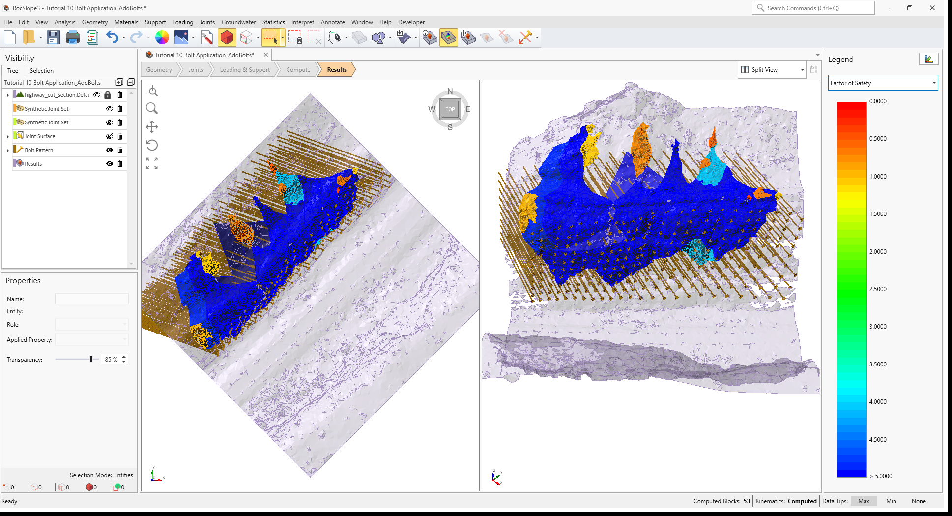 3D View showing Removable Blocks contoured by Factor of Safety