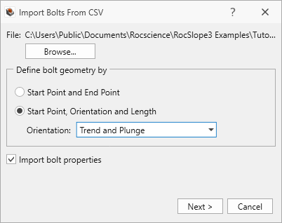 Import Bolts From CSV dialog