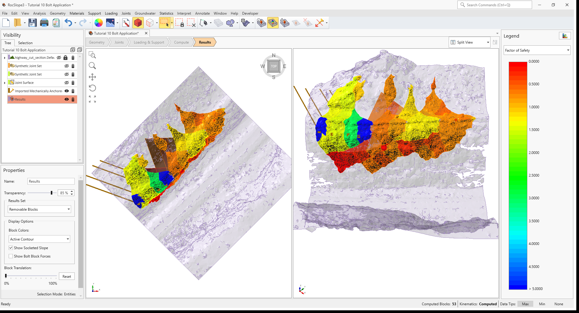 3D View showing Factor of Safety contours for Removeable Blocks