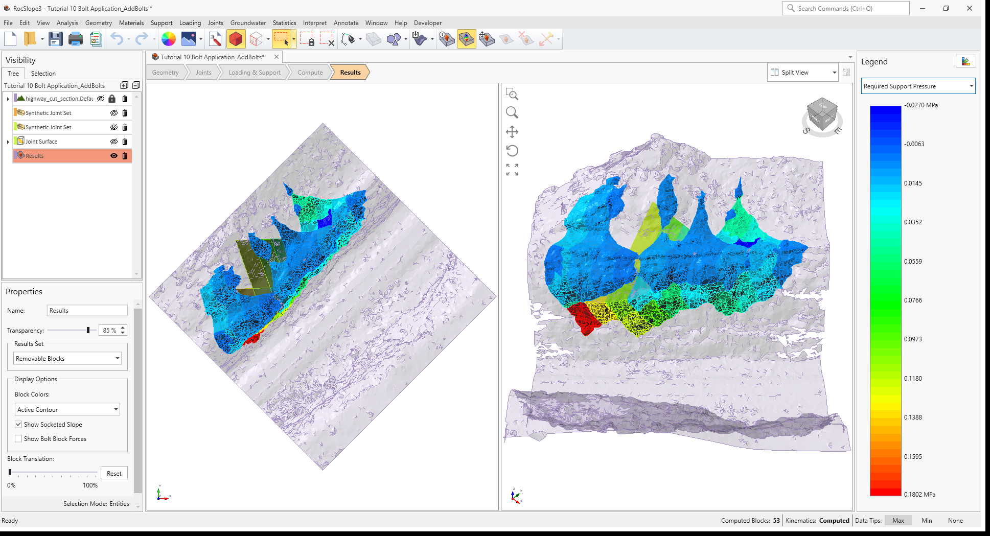 3D View of Removable Blocks contoured by Required Support Pressure