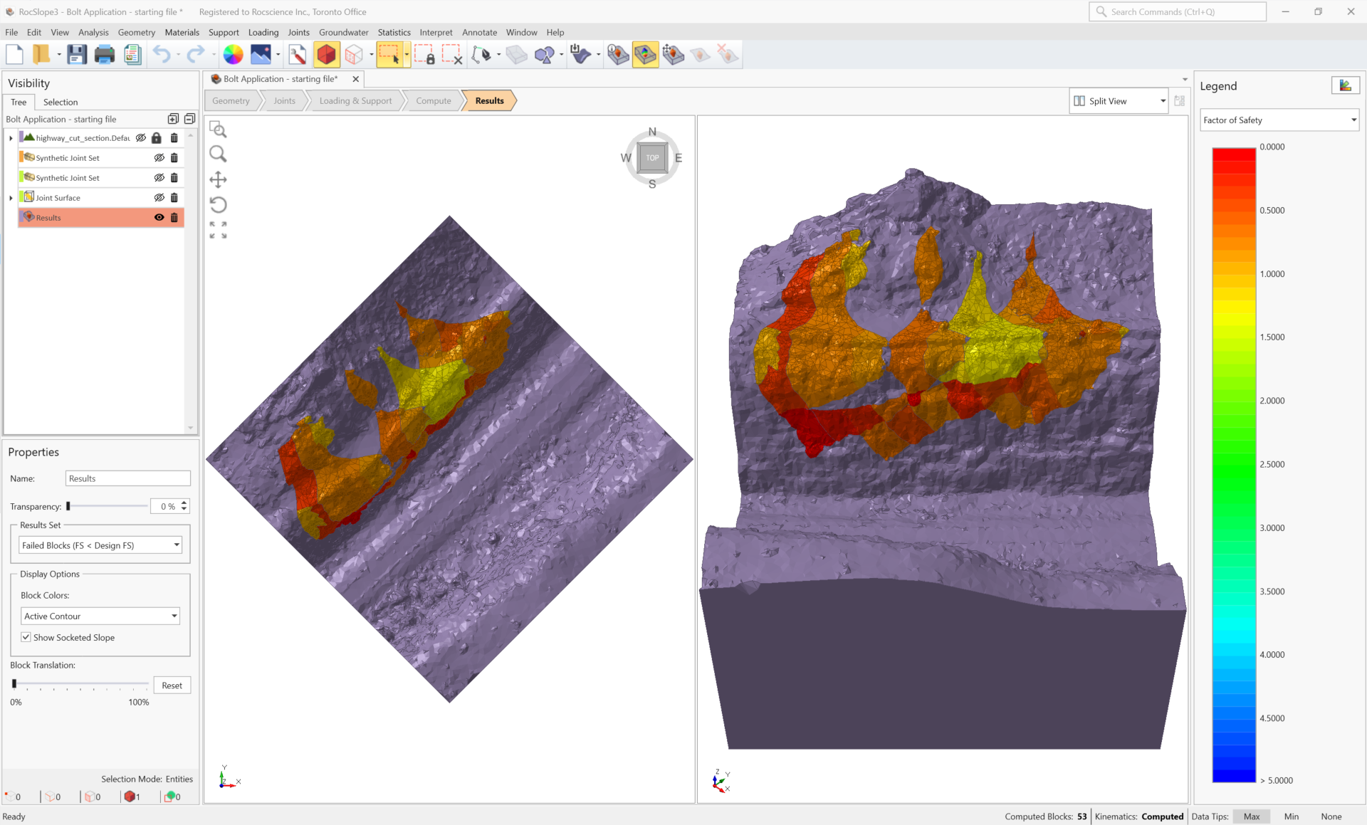 3D View of unsupported Failed Blocks, contoured by Factor of Safety