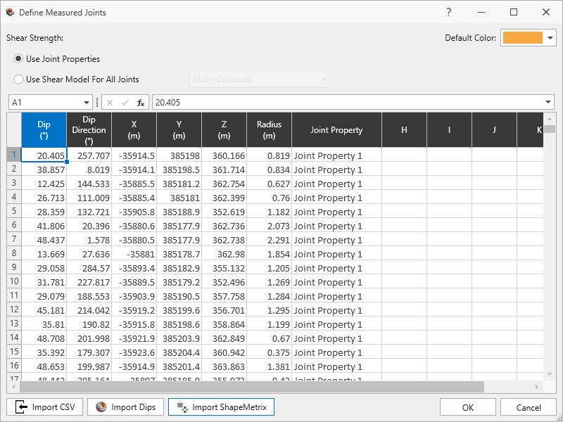 503 Joints imported in Define Measured Joints dialog