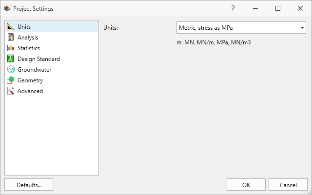 Units Tab in Project Settings dialog