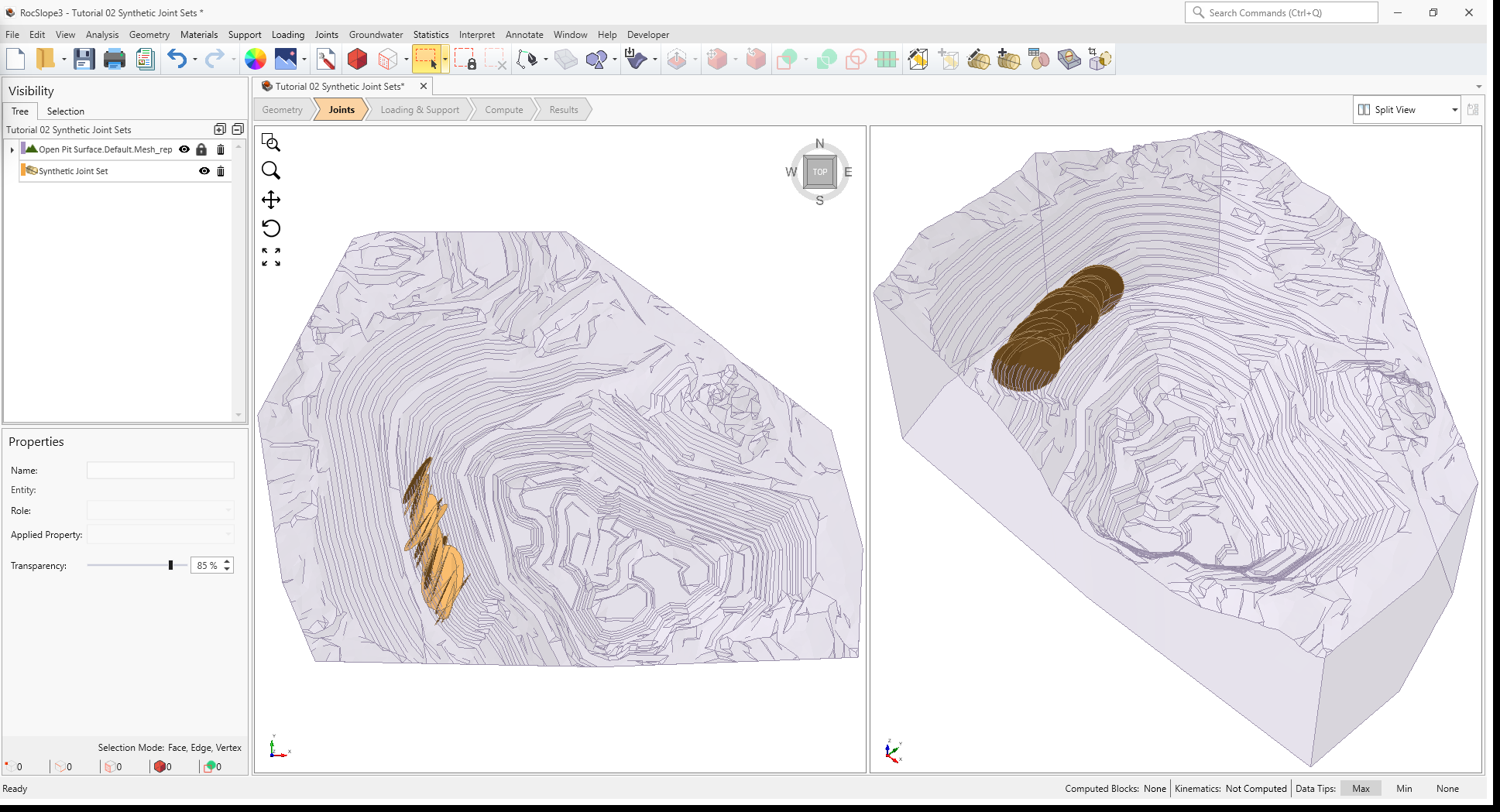 3D View showing Synthetic Joint Set 1m and the Open Pit