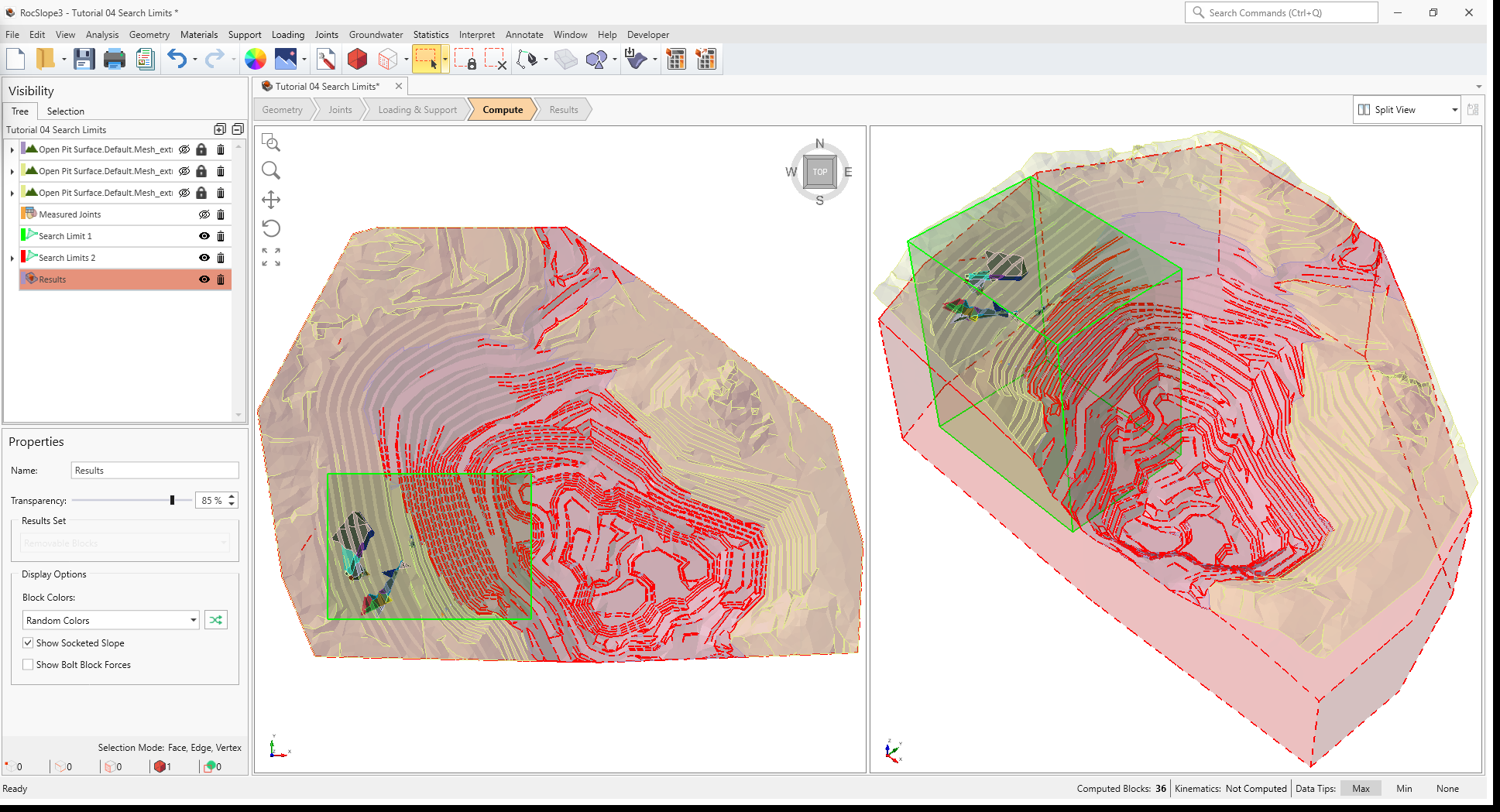 3D CAD view showing all valid blocks inside Search Limit 1, but outside Search Limits 2