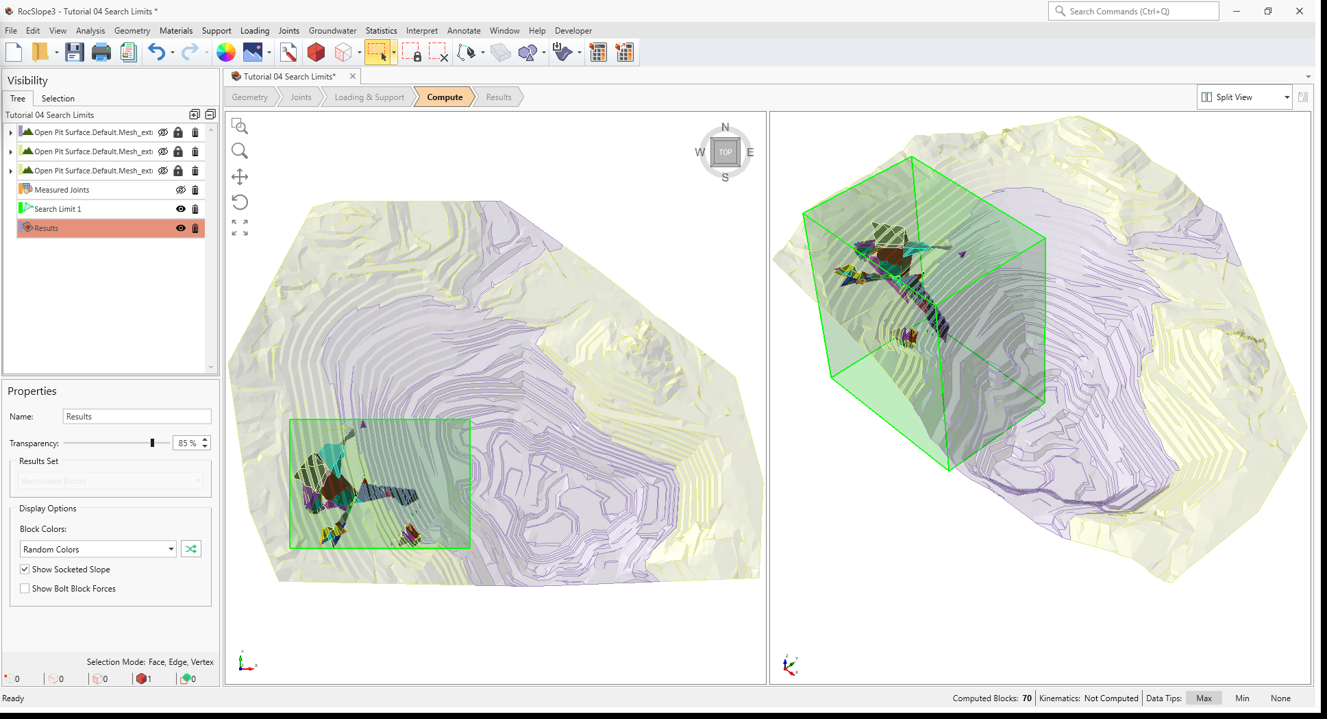 3D CAD view showing valid blocks computed within a completely inside box volume search limit