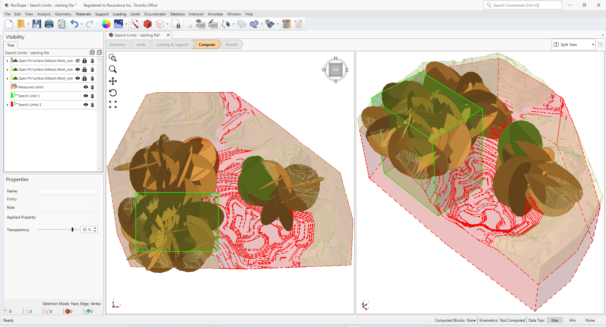 3D CAD view showing a completely inside box search limit and and a completely outside arbitrary volume search limit