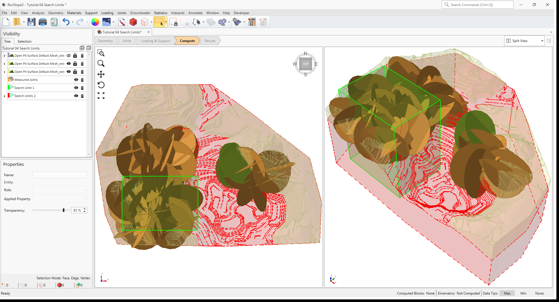 3D CAD view showing a completely inside box search limit and and a completely outside arbitrary volume search limit