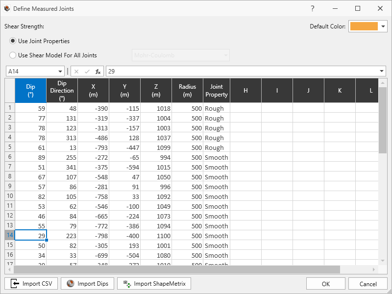 define measured joints dialog