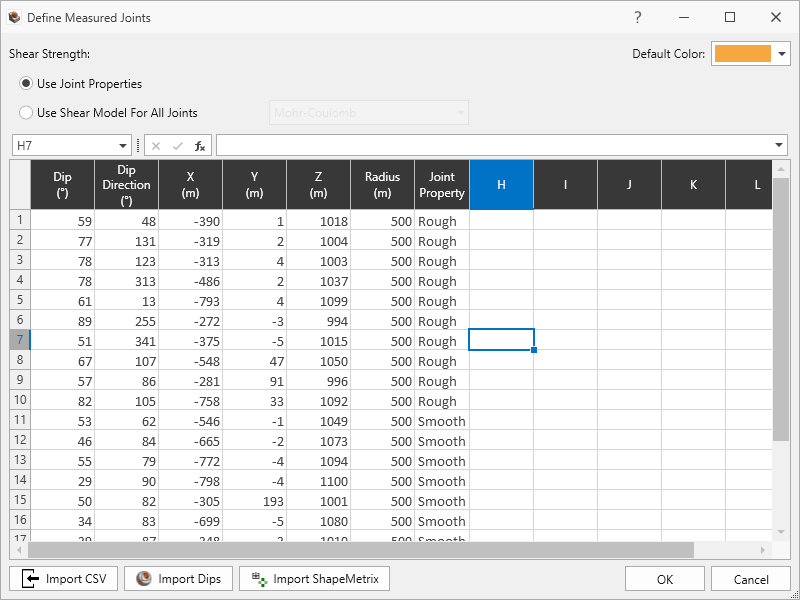 define measured joints dialog