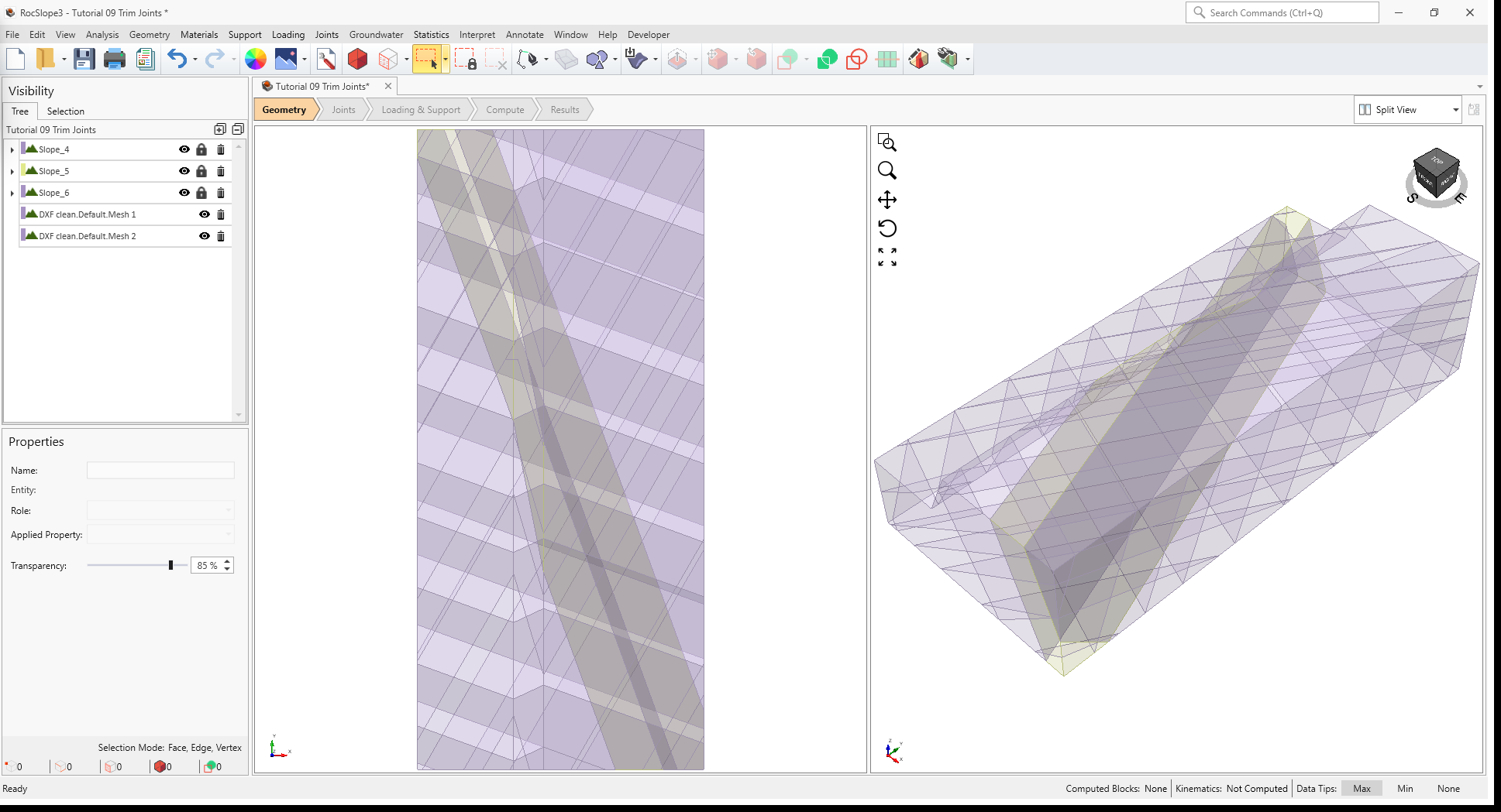 3D View showing the slope and imported surfaces