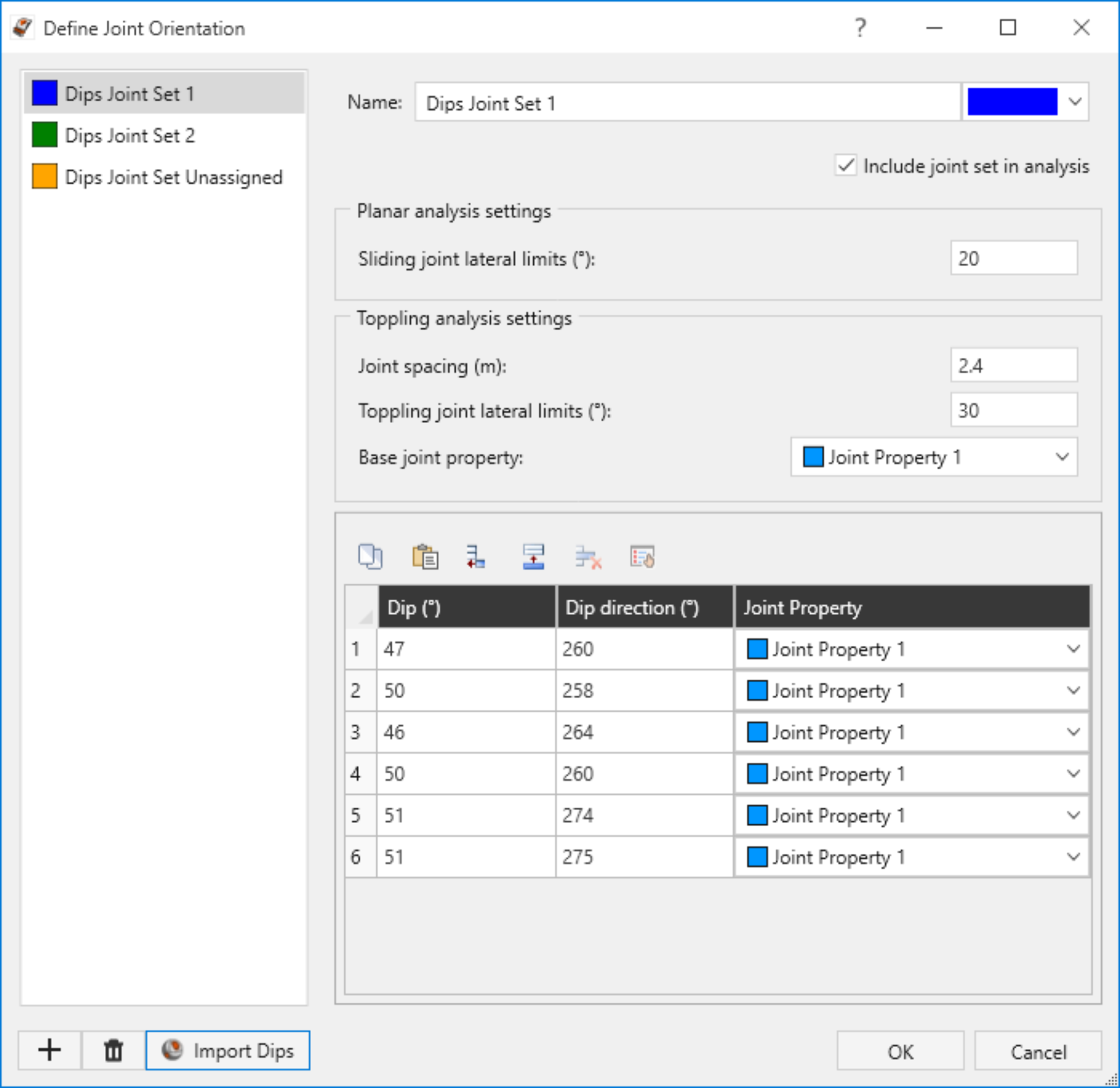 Define Joint Orientation dialog with Dips joints imported