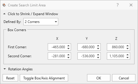 Create search limit area dialog with the search limit coordinates.