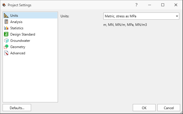 project settings dialog units