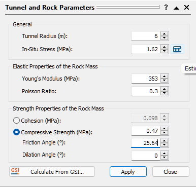 Tunnel and Rock Parameters dialog