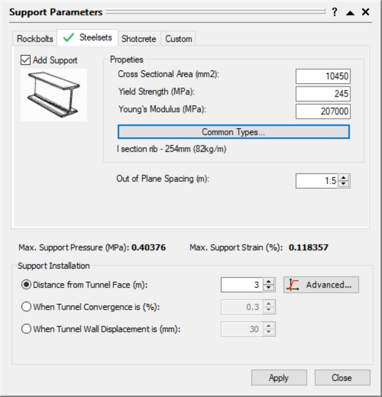 Support Parameters Steelsets tab
